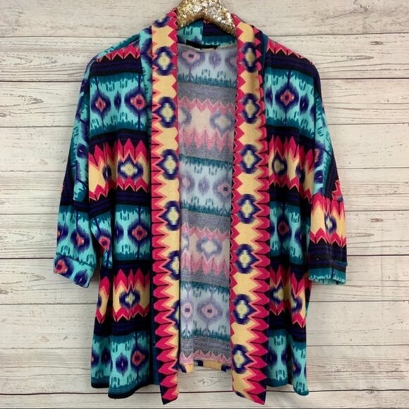 Peach Love California Boho Ikat Print 3/4 Sleeve Open Cardigan Small - Picture 2 of 6